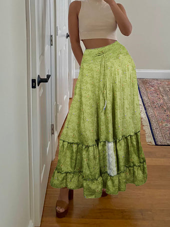 Womens Olive Green Floral Beach Maxi Skirt Tiered Ruffle Boho Skirt ML